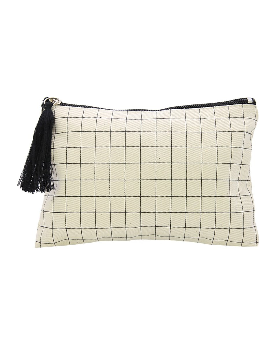 Canvas Zip Pouch with Tassel - Grid Print