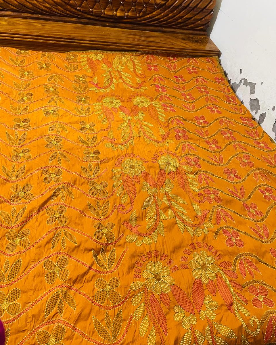 Nakshi Kantha Bedspread - Saffron Vine