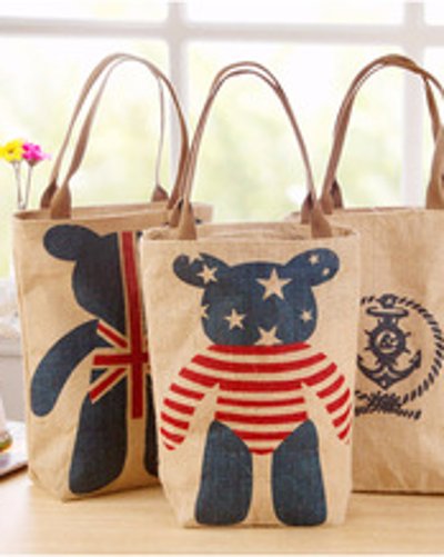 Teddy Print Jute Gift Bag